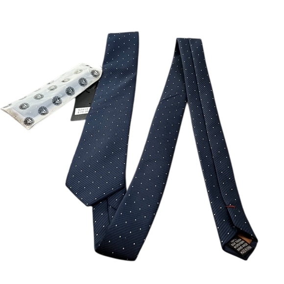 IMANI UOMO Handmade 100% Silk Pointed Skinny Pattern Men's Navy Blue Tie & Hanky - Picture 2 of 7